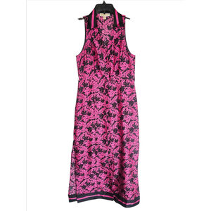 Michael Kors Cerise Pink Black Palm Satin Maxi Dress Size Medium EUC no belt
